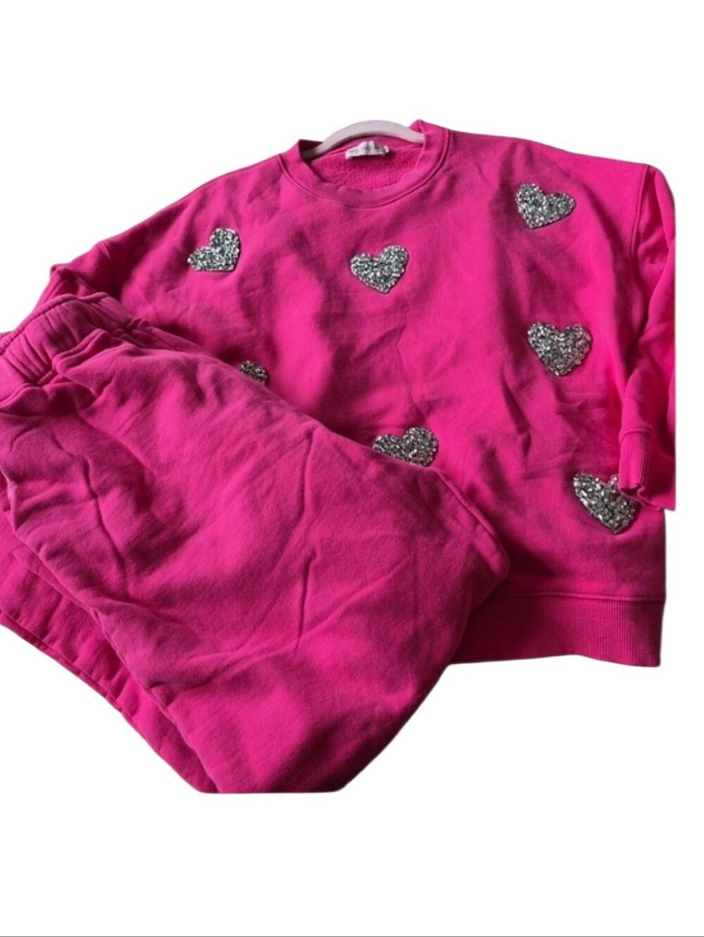 Ivy City Large Pink Sweatshirt And Sweatpants Lounge Set Rhinestone Hearts